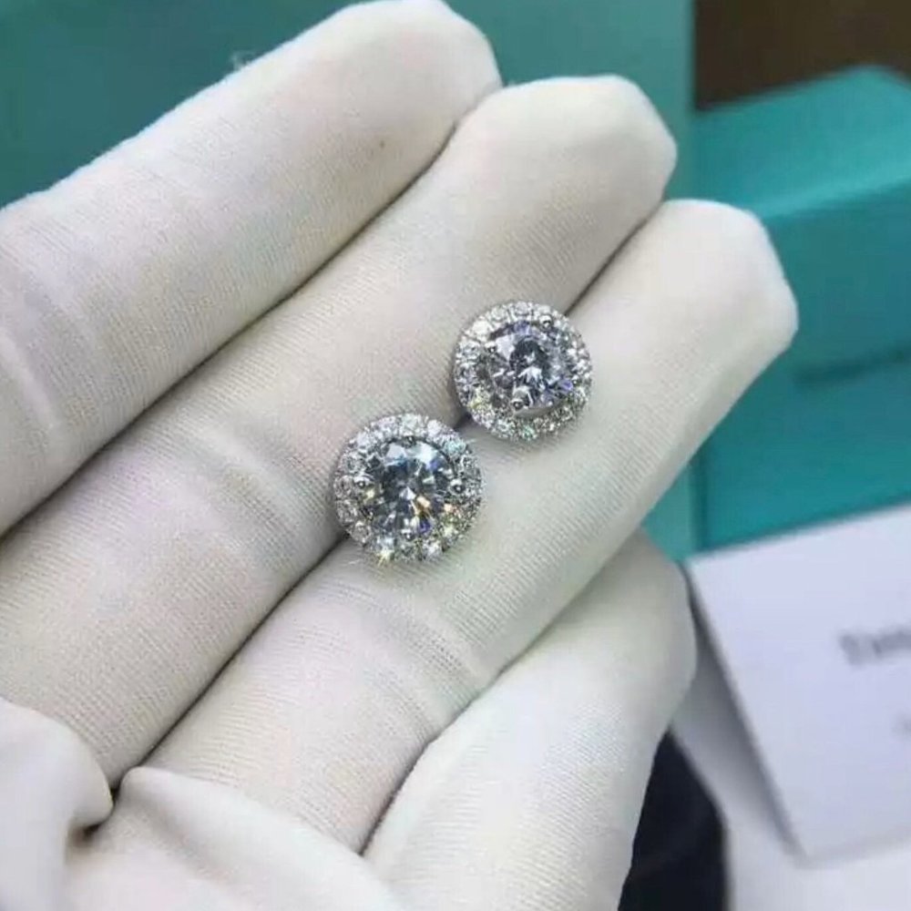 NEW Brilliant Cut 18K Diamond Halo Stud Earrings - Picture 6 of 10